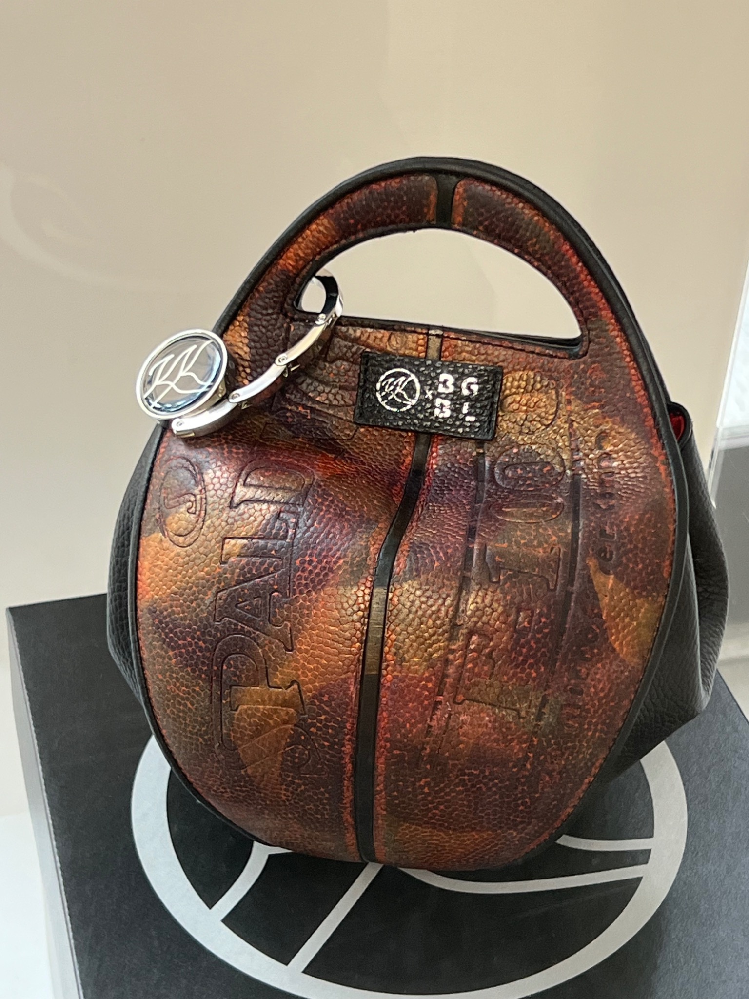 Detail of customized vintage basketball handbag